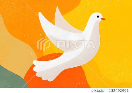 A white dove flies against a vibrant background of yellow and orange hues, symbolizing peace and independence during Diwali in India. 132492961