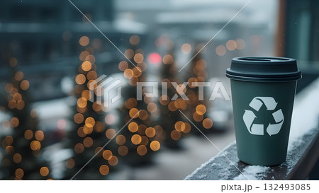 A reusable cup made from recycled materials sits on a ledge. In the background, blurred Christmas trees with lights create a festive atmosphere. Focus on sustainability. 132493085