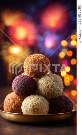 A plate of colorful laddu sweets stacked together. The background features vibrant Diwali fireworks and festive lights, symbolizing celebration in India. A plate of colorful laddu sweets stacked together. The background features vibrant Diwali fireworks and festive lights, symbolizing celebration in India. 132493299
