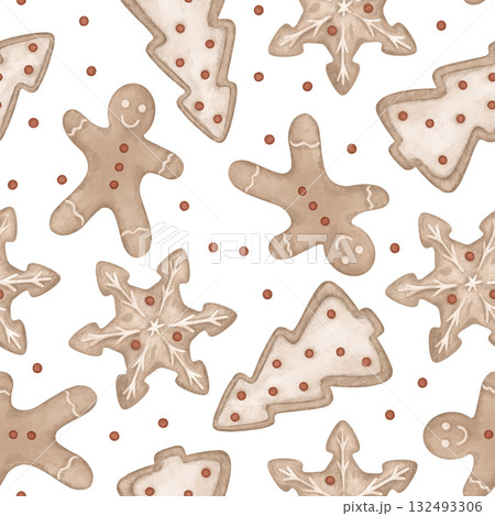 Hand-drawn seamless pattern with Christmas illustration gingerbread man and cookies in the shape of a snowflake and tree. New year repeat print for design textile or wrapping paper with cookies. Hand-drawn seamless pattern with Christmas illustration gingerbread man and cookies in the shape of a snowflake and tree. New year repeat print for design textile or wrapping paper with cookies. 132493306