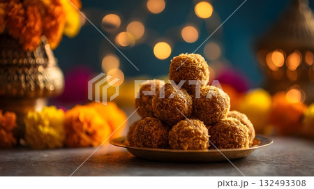 A plate of golden laddu sweets arranged in a pyramid shape. Colorful marigold flowers and decorative lanterns are in the background, symbolizing Dussehra and Diwali celebrations in India. A plate of golden laddu sweets arranged in a pyramid shape. Colorful marigold flowers and decorative lanterns are in the background, symbolizing Dussehra and Diwali celebrations in India. 132493308