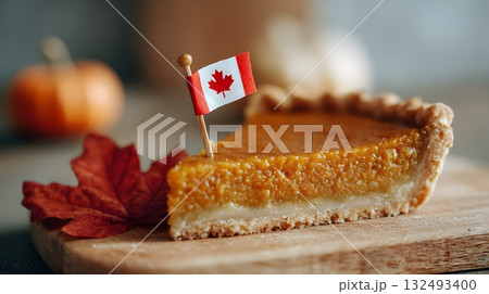 A slice of pumpkin pie on a wooden board. The pie has a small Canadian flag on top. Autumn leaves and a small pumpkin are in the background. 132493400