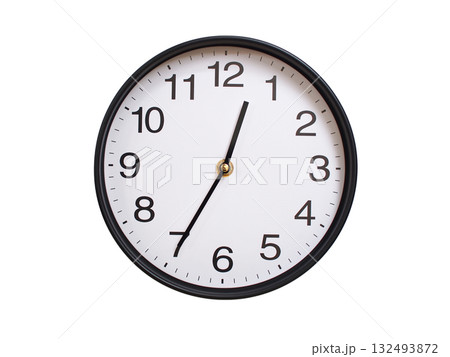 Round wall clock showing 00:35 or 12:35 isolated on white background. Concept of time, punctuality, deadline, or beginning of a new day. 132493872