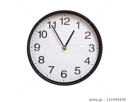 Round wall clock showing 00:55 or 12:55 isolated on white background. Concept of time, punctuality, deadline, or beginning of a new day. 132493876