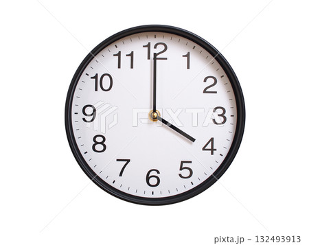 Round wall clock showing 04:00 or 16:00 isolated on white background. Concept of time, punctuality, deadline, or beginning of a new day. Round wall clock showing 04:00 or 16:00 isolated on white background. Concept of time, punctuality, deadline, or beginning of a new day. 132493913