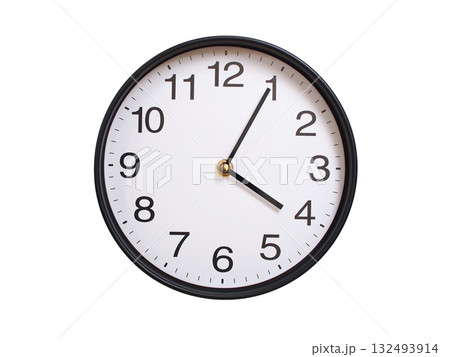 Round wall clock showing 04:05 or 16:05 isolated on white background. Concept of time, punctuality, deadline, or beginning of a new day. Round wall clock showing 04:05 or 16:05 isolated on white background. Concept of time, punctuality, deadline, or beginning of a new day. 132493914