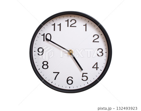 Round wall clock showing 04:50 or 16:50 isolated on white background. Concept of time, punctuality, deadline, or beginning of a new day. Round wall clock showing 04:50 or 16:50 isolated on white background. Concept of time, punctuality, deadline, or beginning of a new day. 132493923