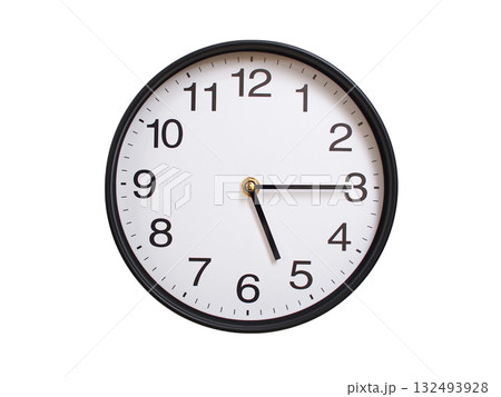 Round wall clock showing 05:15 or 17:15 isolated on white background. Concept of time, punctuality, deadline, or beginning of a new day. 132493928