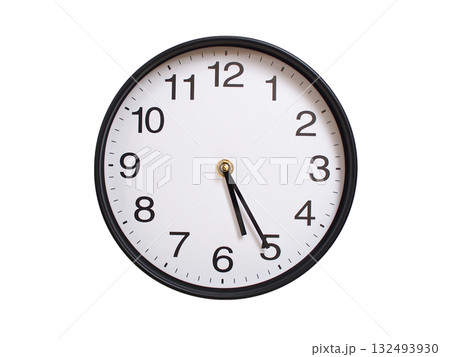 Round wall clock showing 05:25 or 17:25 isolated on white background. Concept of time, punctuality, deadline, or beginning of a new day. Round wall clock showing 05:25 or 17:25 isolated on white background. Concept of time, punctuality, deadline, or beginning of a new day. 132493930