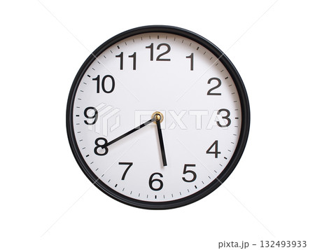 Round wall clock showing 05:40 or 17:40 isolated on white background. Concept of time, punctuality, deadline, or beginning of a new day. 132493933