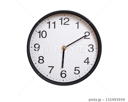 Round wall clock showing 06:10 or 18:10 isolated on white background. Concept of time, punctuality, deadline, or beginning of a new day. Round wall clock showing 06:10 or 18:10 isolated on white background. Concept of time, punctuality, deadline, or beginning of a new day. 132493939