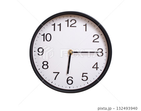 Round wall clock showing 06:15 or 18:15 isolated on white background. Concept of time, punctuality, deadline, or beginning of a new day. Round wall clock showing 06:15 or 18:15 isolated on white background. Concept of time, punctuality, deadline, or beginning of a new day. 132493940