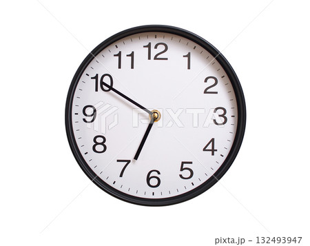 Round wall clock showing 06:50 or 18:50 isolated on white background. Concept of time, punctuality, deadline, or beginning of a new day. Round wall clock showing 06:50 or 18:50 isolated on white background. Concept of time, punctuality, deadline, or beginning of a new day. 132493947