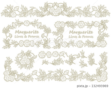 レトロ風マーガレットのデコレーションラインとフレーム 132493969