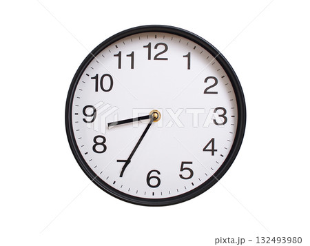Round wall clock showing 08:35 or 20:35 isolated on white background. Concept of time, punctuality, deadline, or beginning of a new day. 132493980