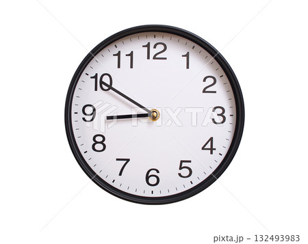 Round wall clock showing 08:50 or 20:50 isolated on white background. Concept of time, punctuality, deadline, or beginning of a new day. Round wall clock showing 08:50 or 20:50 isolated on white background. Concept of time, punctuality, deadline, or beginning of a new day. 132493983