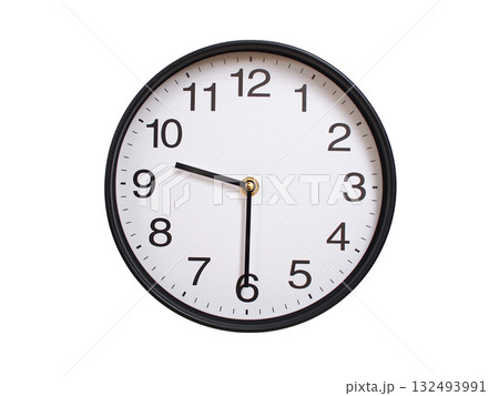 Round wall clock showing 09:30 or 21:30 isolated on white background. Concept of time, punctuality, deadline, or beginning of a new day. 132493991