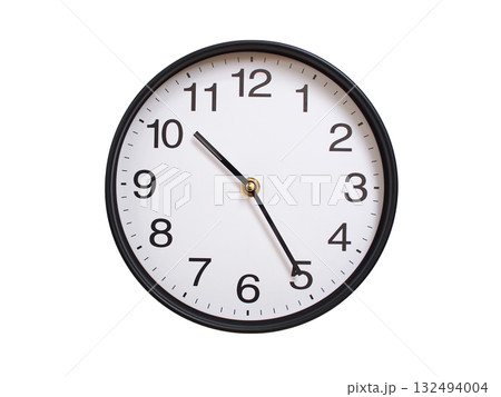 Round wall clock showing 10:25 or 22:25 isolated on white background. Concept of time, punctuality, deadline, or beginning of a new day. 132494004