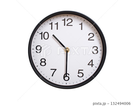 Round wall clock showing 10:30 or 22:30 isolated on white background. Concept of time, punctuality, deadline, or beginning of a new day. 132494006