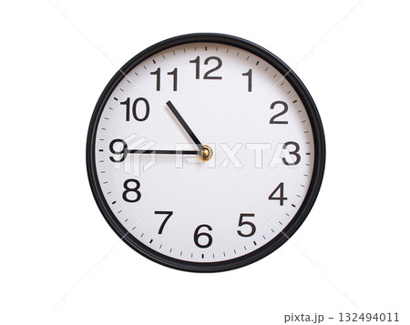 Round wall clock showing 10:45 or 22:45 isolated on white background. Concept of time, punctuality, deadline, or beginning of a new day. 132494011