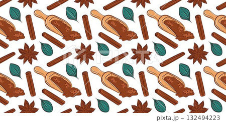 Seamless pattern with cinnamon stick, star anise, wooden scoop with ground spice and green leaf on white background. Design for culinary, baking or cooking theme. Seamless pattern with cinnamon stick, star anise, wooden scoop with ground spice and green leaf on white background. Design for culinary, baking or cooking theme. 132494223