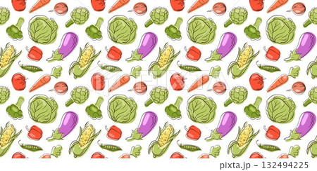 Seamless pattern with flat style vegetable, cabbage, artichoke, broccoli, corn, peas, eggplant, tomato, carrot and pepper on white background. Design background for grocery store. 132494225