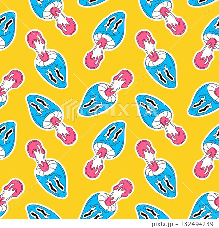 Seamless pattern of stylized blue and pink mushroom with dripping shape on a bright yellow background. Groovy cartoon psychedelic and playful design. 132494239