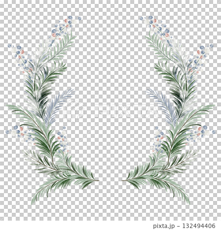 Watercolor evergreen wreath with pine and spruce branches. Christmas and New Year decoration. Isolated circular element for postcard or festive design. Watercolor evergreen wreath with pine and spruce branches. Christmas and New Year decoration. Isolated circular element for postcard or festive design. 132494406