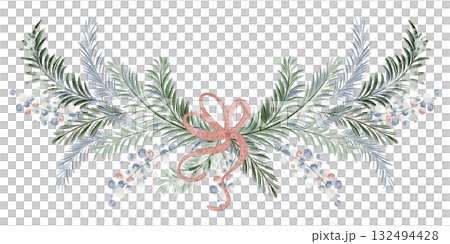 Watercolor spruce and pine branches arranged as a Christmas garland. Decorative element for holiday design, greeting, or banner. Isolated festive illustration. Watercolor spruce and pine branches arranged as a Christmas garland. Decorative element for holiday design, greeting, or banner. Isolated festive illustration. 132494428