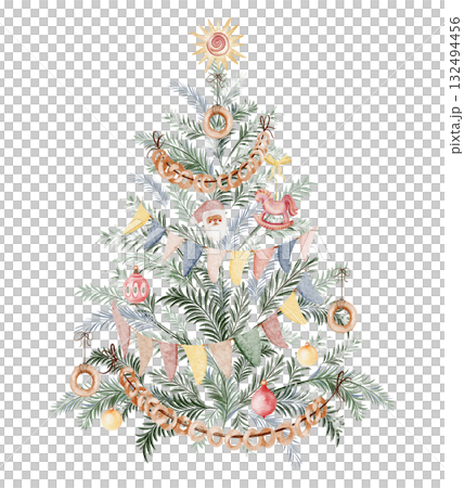 Watercolor illustration of Christmas tree with garland, toys and ornaments. Vintage Fir spruce evergreen symbol for greeting card, holiday design, xmas decoration and new year celebration. 132494456