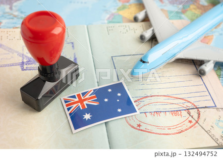 Australia flag with passport and airplane for travel. 132494752