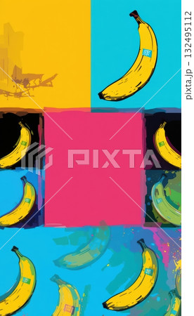 Pop Art Banana Collage with Abstract Blocks and Vibrant Colors Pop Art Banana Collage with Abstract Blocks and Vibrant Colors 132495112