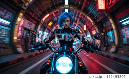 Intense Frontal View of a Woman on a Cruiser in a Cyberpunk City 132495205