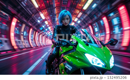 Focused Speed Run on a Green Sport Bike in a Luminous Tunnel 132495206