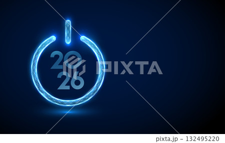 Blue power button with number 2026 inside. Digital technology, innovation, startup, energy activation, new beginning, start of new technological era concept. Blue power button with number 2026 inside. Digital technology, innovation, startup, energy activation, new beginning, start of new technological era concept. 132495220