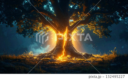 ひび割れた木の幹からあふれる光 132495227