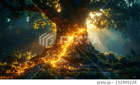 ひび割れた木の幹からあふれる光 132495228