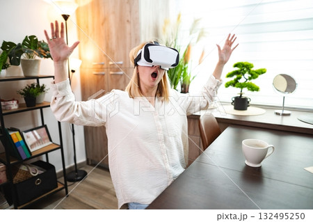 Excitement fills the air as a person experiences virtual reality at home 132495250