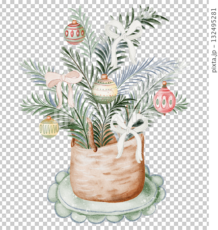 Wicker Basket With Pine And Fir Branches Christmas Illustration 132495281