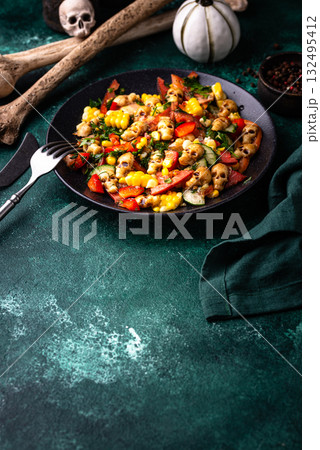 Halloween salad with cheese in shape of skull Halloween salad with cheese in shape of skull 132495412