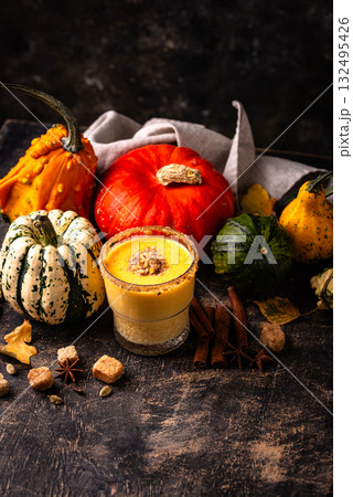 Autumn drink spicy pumpkin smoothie Autumn drink spicy pumpkin smoothie 132495426
