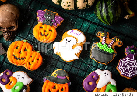Halloween cookies in shape of ghost, jack-o-lantern and skull 132495435