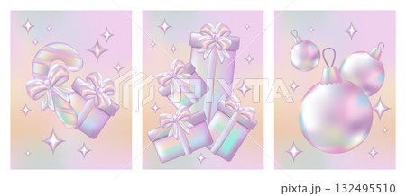 3d holographic Merry Christmas Poster or banner set with Pink Chrome Candy Cane, Gift box, Baubles in Y2K style. Christmas element for Retail, Shopping or Christmas Promotion. 3D chrome bubble art 132495510