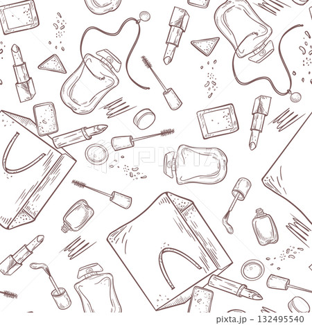 Different makeup products flying Seamless Pattern Black White Vector. Hand drawn line art beauty cosmetics, perfume, lipstick scattered on repeat background. Feminine accessories outline drawing. 132495540