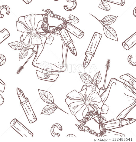 Women's Day Seamless Pattern Black White Vector. Monochrome repeat design with perfume flacons, gift box, lipsticks and botanical elements in line art. Outline pattern for packaging March 8th. Women's Day Seamless Pattern Black White Vector. Monochrome repeat design with perfume flacons, gift box, lipsticks and botanical elements in line art. Outline pattern for packaging March 8th. 132495541
