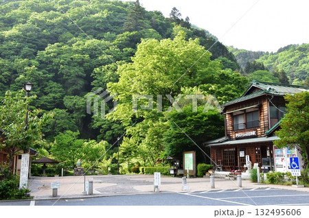 日光市川治温泉　川治ふれあい公園のかわじいふるさとの駅とイベント広場と新緑 132495606