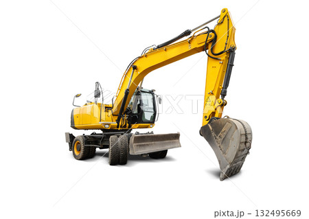 Excavator with extended arm on a white background for construction work and heavy lifting tasks 132495669