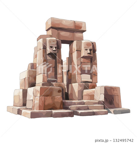 Tiwanaku Archaeological Site. Tiwanaku Archaeological Site hand drawn watercolor illustration 132495742