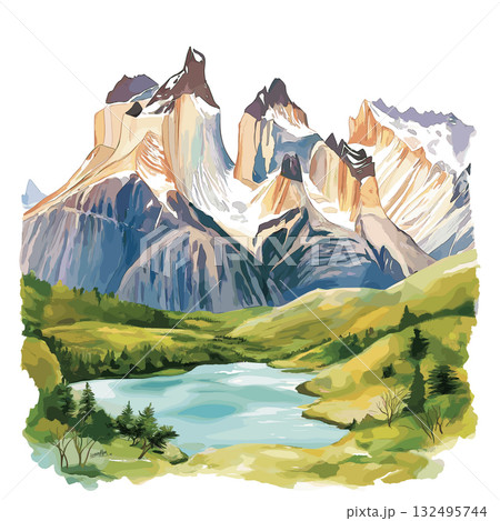 Torres del Paine National Park. Torres del Paine National Park hand drawn watercolor illustration Torres del Paine National Park. Torres del Paine National Park hand drawn watercolor illustration 132495744