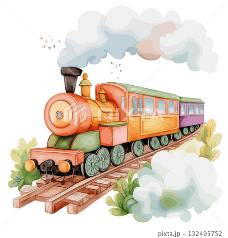 Train to the Clouds. Train to the Clouds hand drawn watercolor illustration 132495752